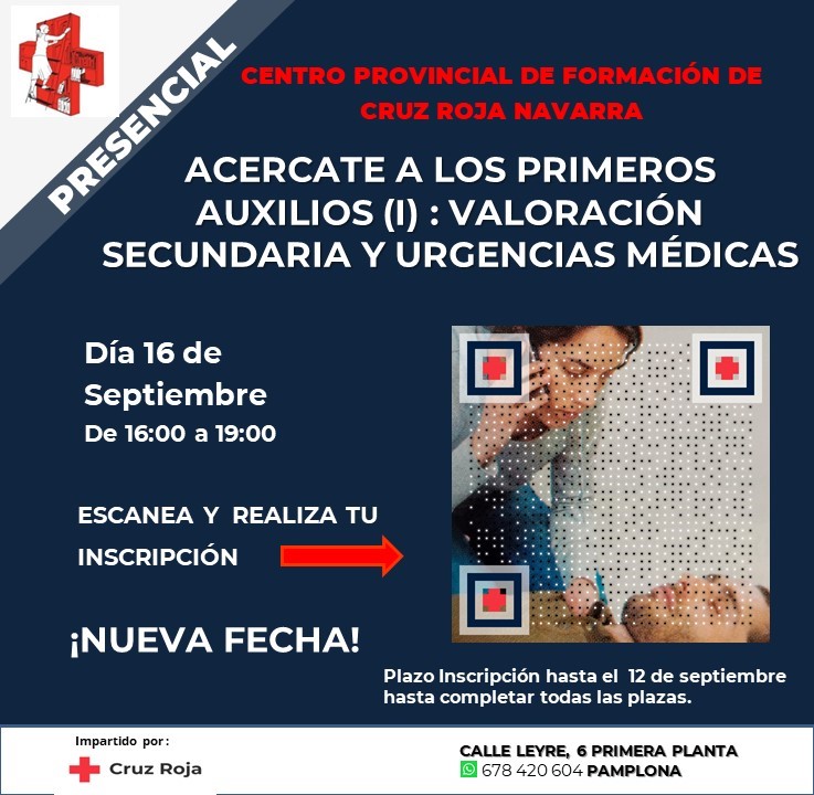 Pr&oacute;ximo taller de Cruz Roja Navarra: &quot;Ac&eacute;rcate a los Primeros Auxilios I: Valoraci&oacute;n Secundaria y Urgencias M&eacute;dicas&quot;